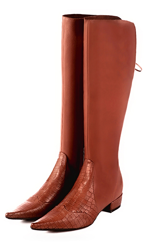 Terracotta orange women's knee-high boots, with laces at the back. Pointed toe. Low block heels. Made to measure. Front view - Florence KOOIJMAN